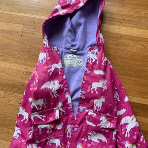 Hatley size 5 pink unicorn rain jacket with snap closure and hood